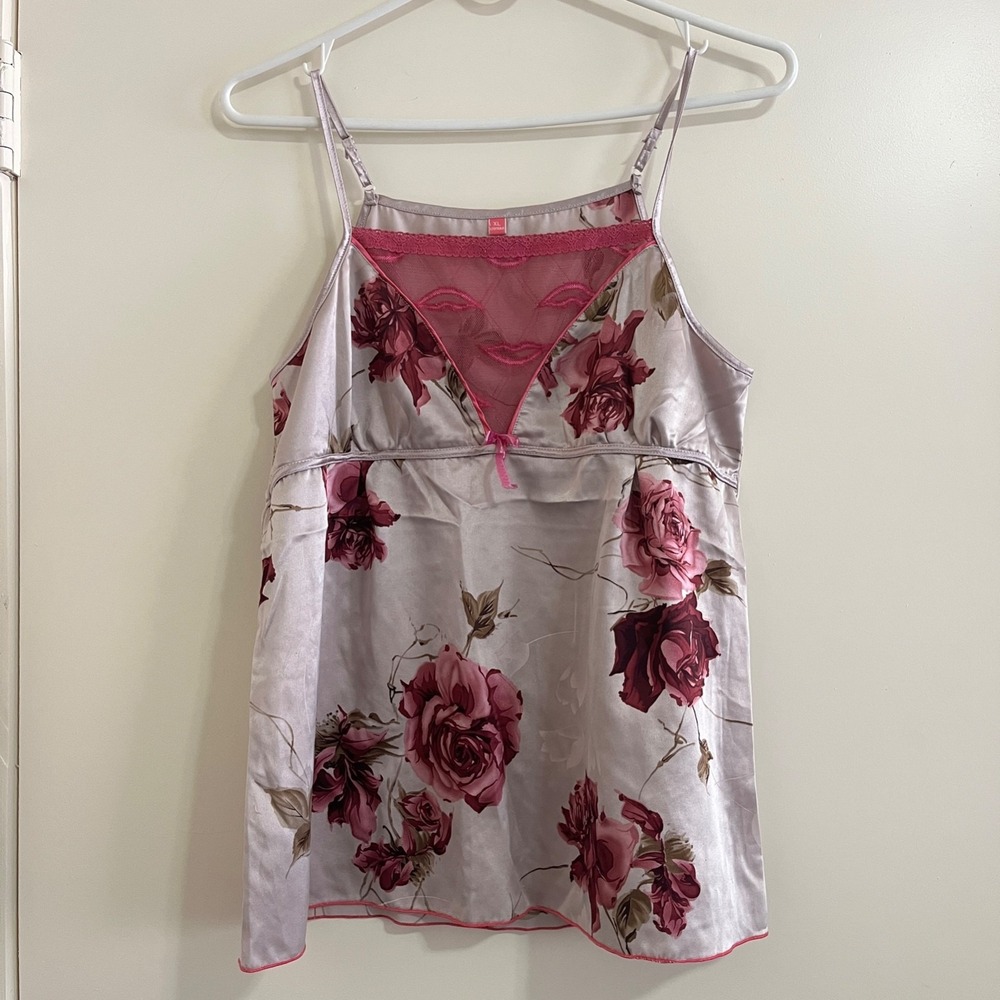 Womens Floral Satin Cami Top XL Lace V Neck Spaghetti Strap Y2K Romantic Fairy